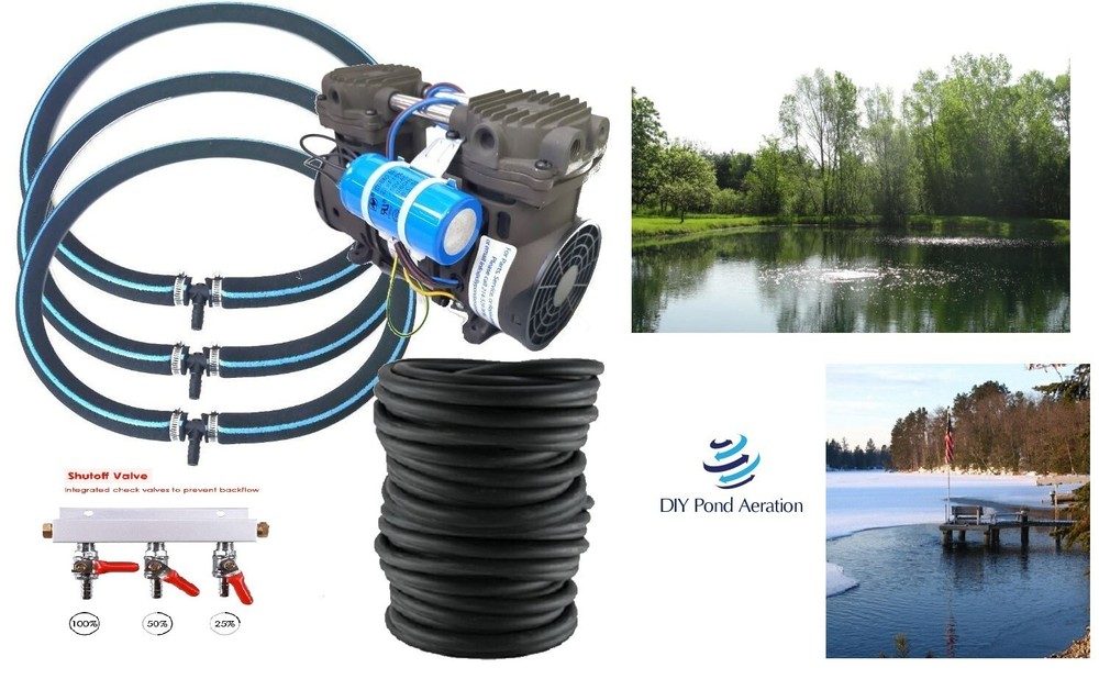 1/2HP Shallow water Dock Beach Aerator Pro Kit 300' Poly 3-48" Sinking Diffusers