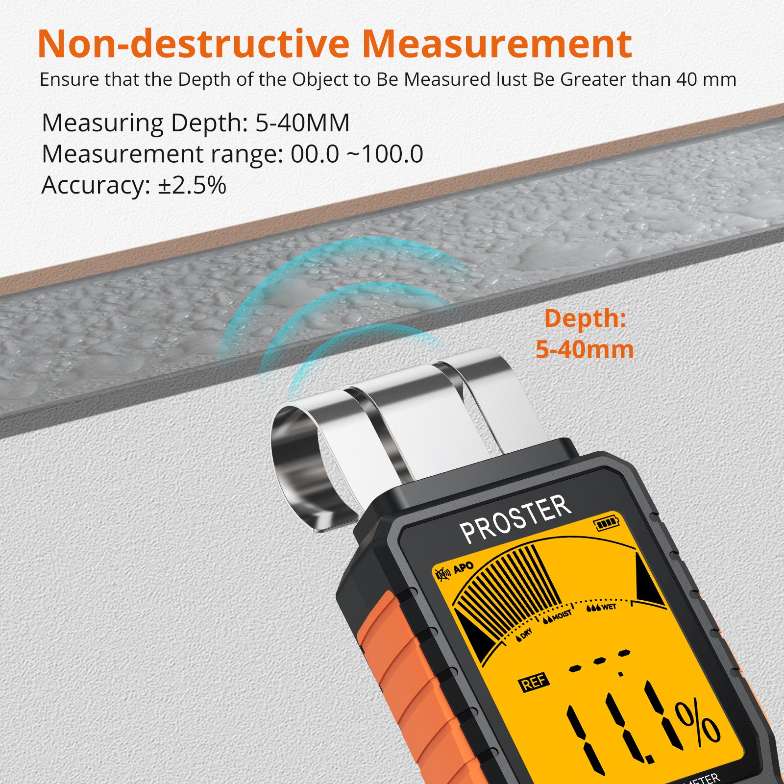 Proster Pinless Moisture Meter Wall Firewood Masonry Concrete 5Modes Damp Tester