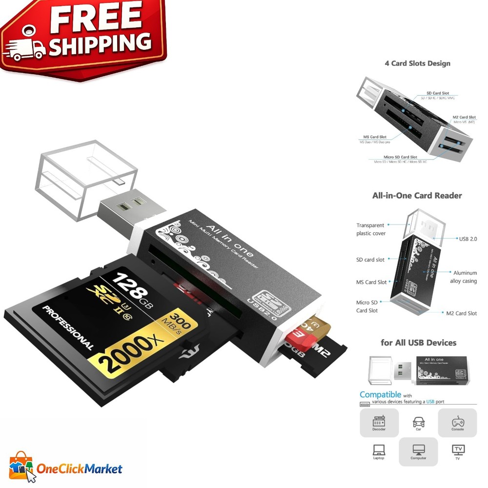 Lightweight 4-in-1 USB Memory Card Reader - Wide Compatibility - Plug & Play