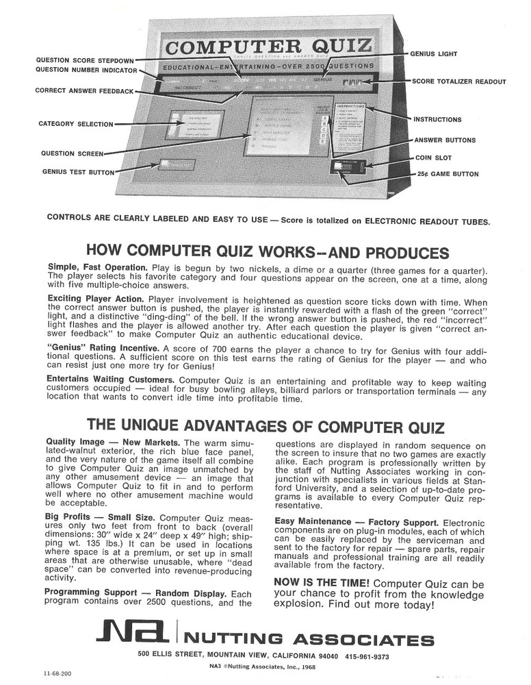 Computer Quiz Nutting Assoc. Arcade Flyer Brochure - Excellent