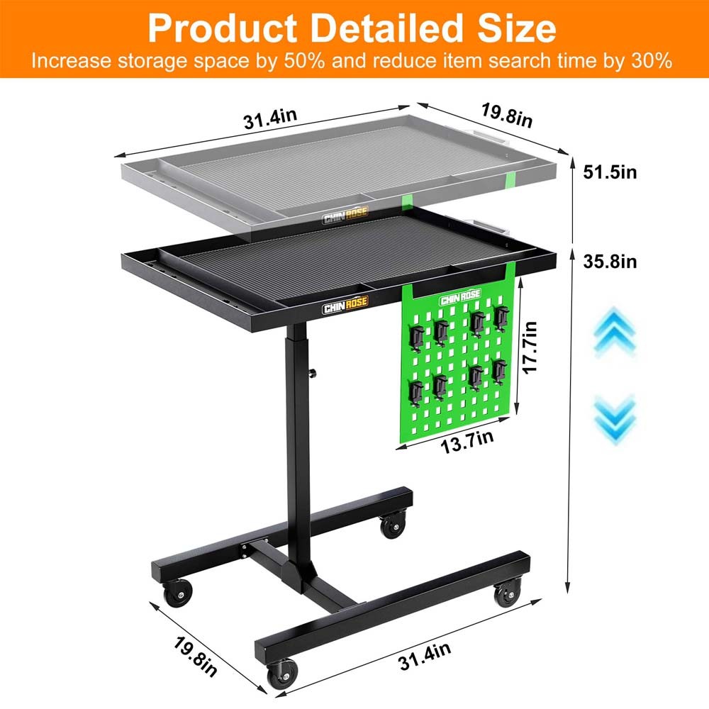 Adjustable Rolling Tool Tray Mobile Work Table with Wheels for Garage Mechanic