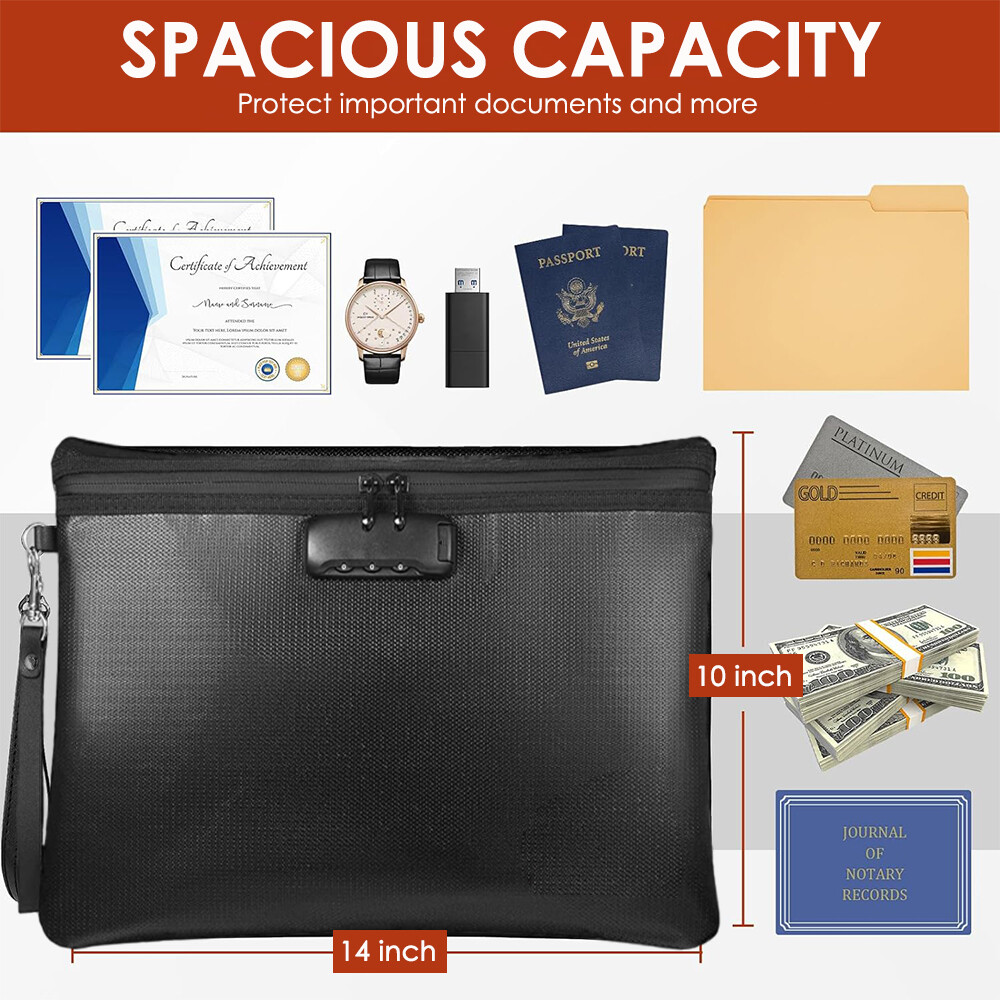Fireproof Document Bag with Lock Waterproof Secure Zipper Closure Money Pouch