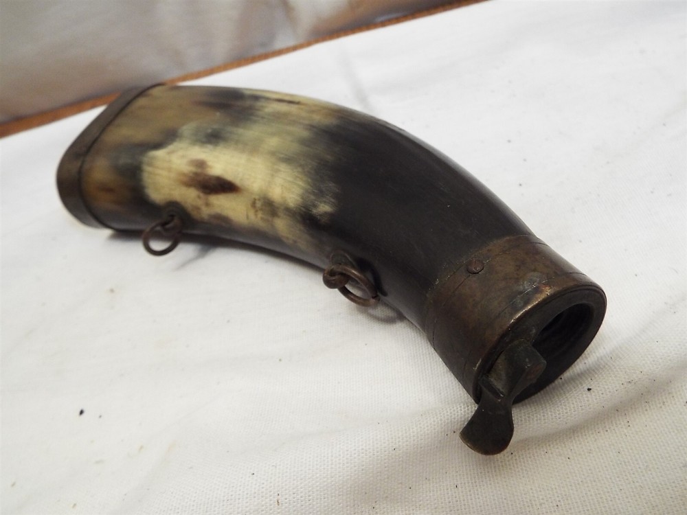 Antique Brass & Steer Horn Black Powder Flask Compact Small Muzzleloader Hunting