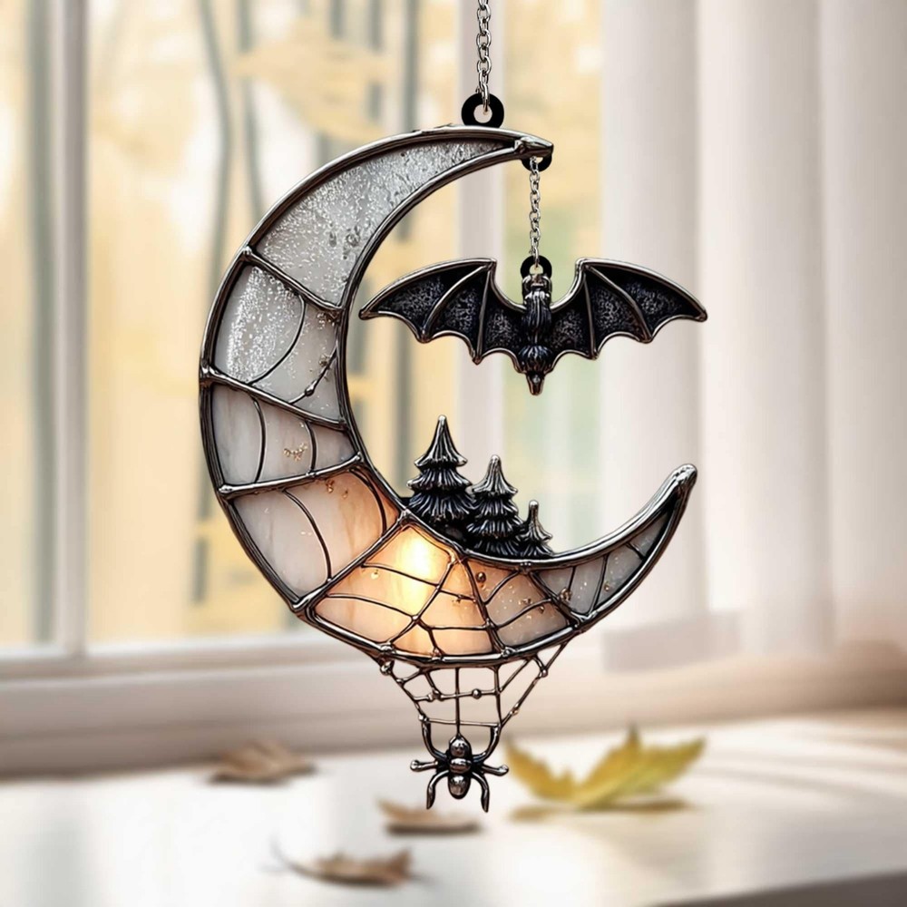 Spiderweb Crescent Moon with Bat & Dangling Spider Spooky Gothic Acrylic Decor