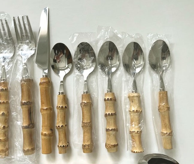 23 ASSORTED PCS. *KOALA LOVE* BAMBOO HANDLE STAINLESS FLATWARE-UNUSED OPEN BOX