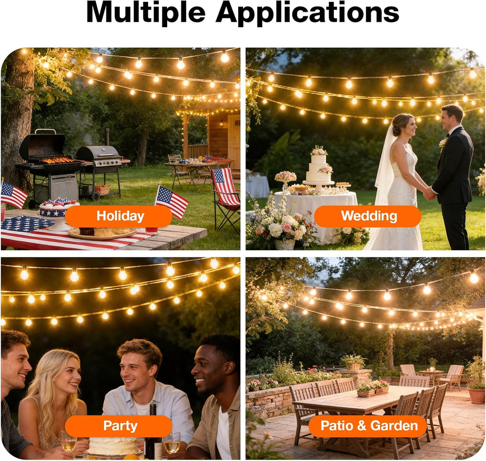 24-Ft Outdoor String Lights, Edison Shatterproof S14 Bulbs, Linkable, String Lig