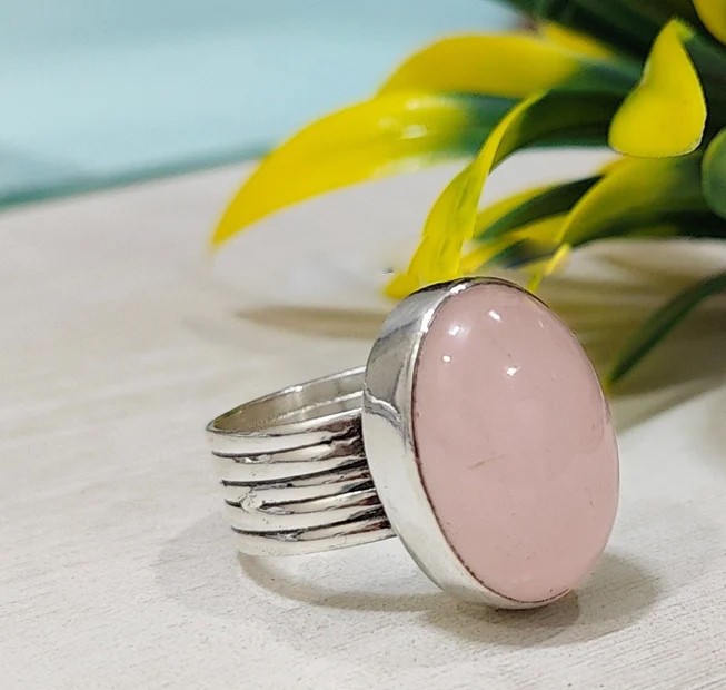 Solid 925 Sterling Silver Natural Pink Rose Quartz Gemstone Boho Handmade Ring
