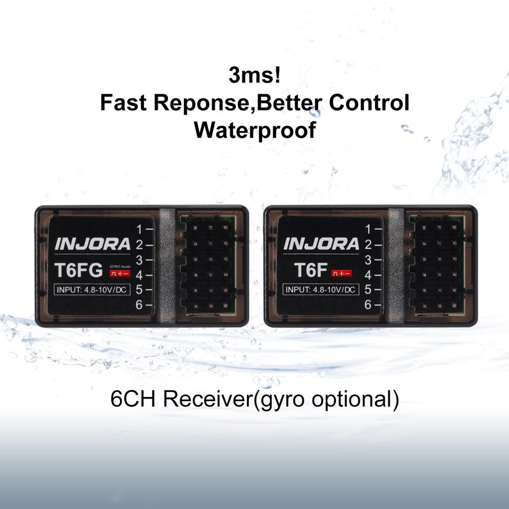 INJORA RC Transmitter 2.4GHz 6CH Controler and Receiver with Gyro, Black