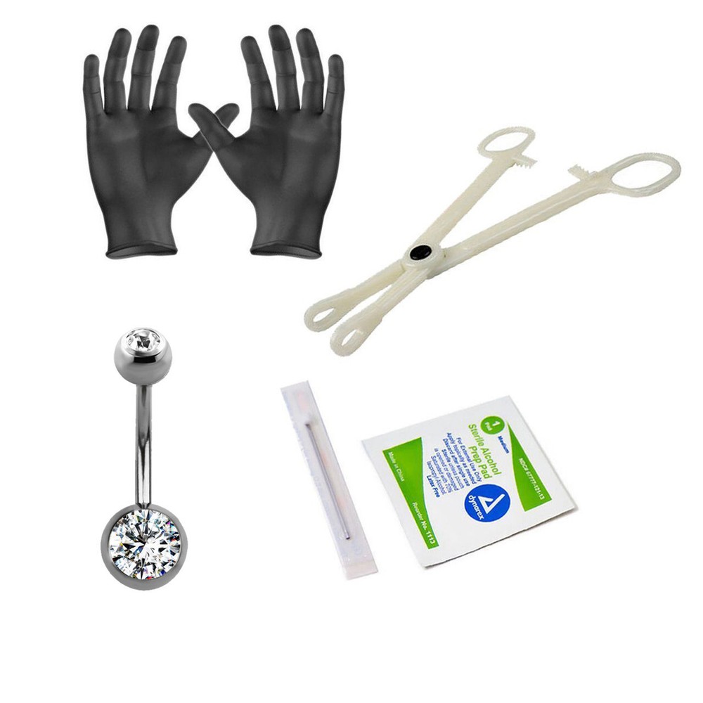 Sterilized Piercing Kit Titanium Belly Button Ring CZ 14G Forceps Needles Gloves