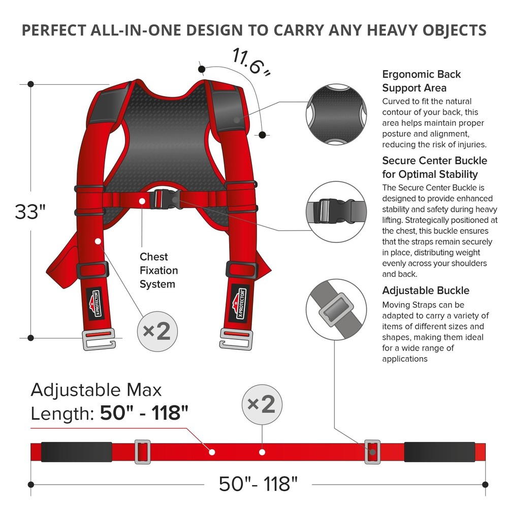 X-Protector Moving Straps - 2 Pairs - Lifting for 2 Standard, Red