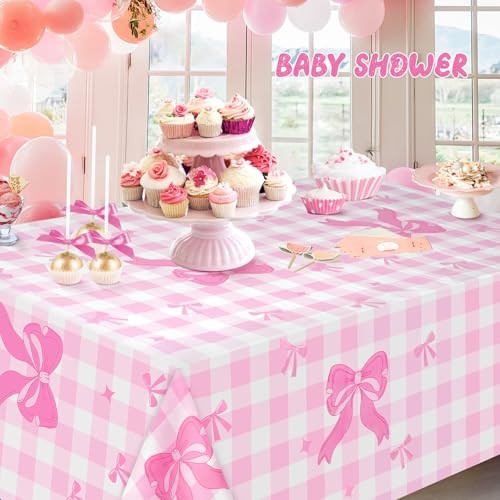 3PCS Pink Bow Tablecloths, Disposable Pink and White Checkered Plastic Table