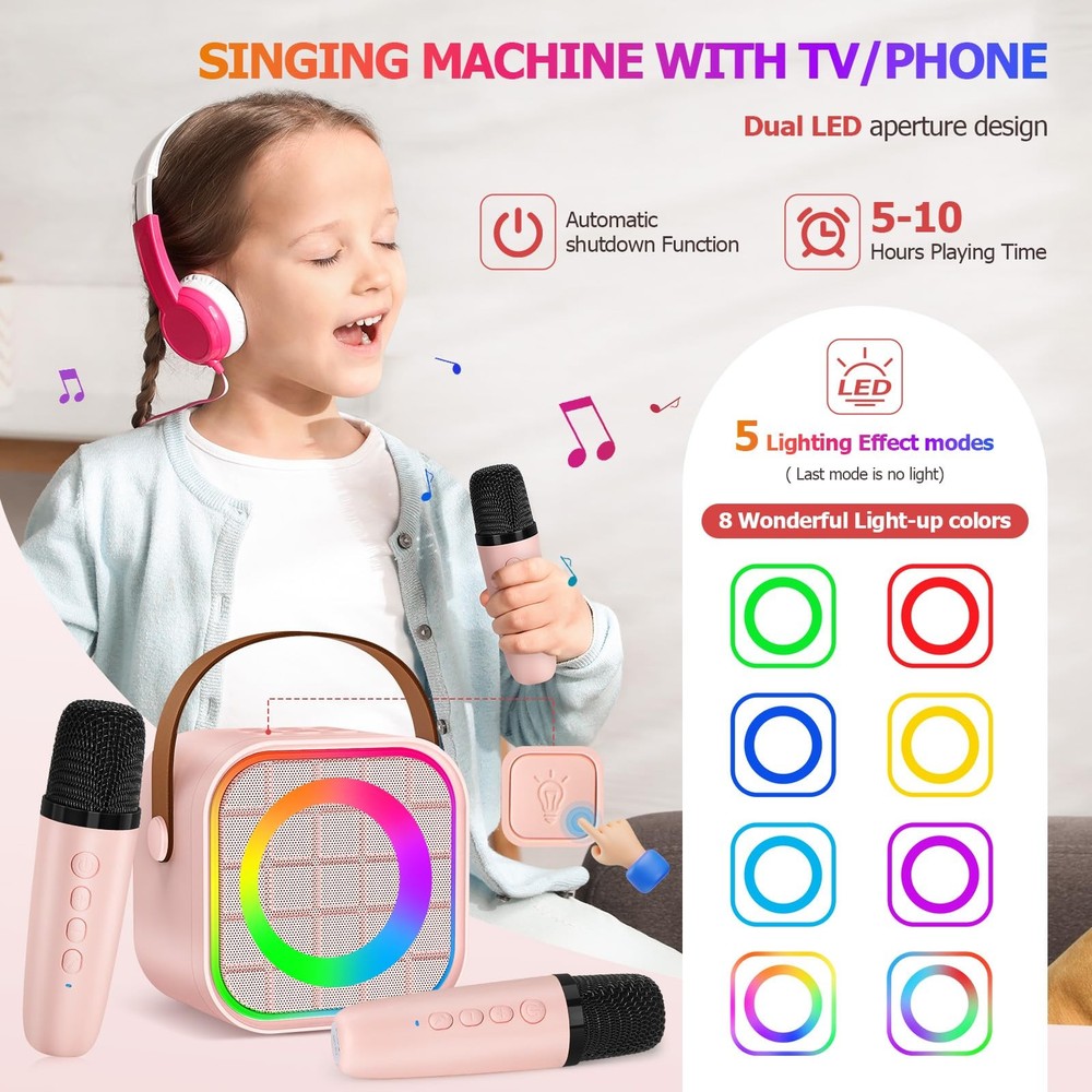 Mini Karaoke Machine with 2 Wireless Microphone, Portable Pink Bluetooth Spea...