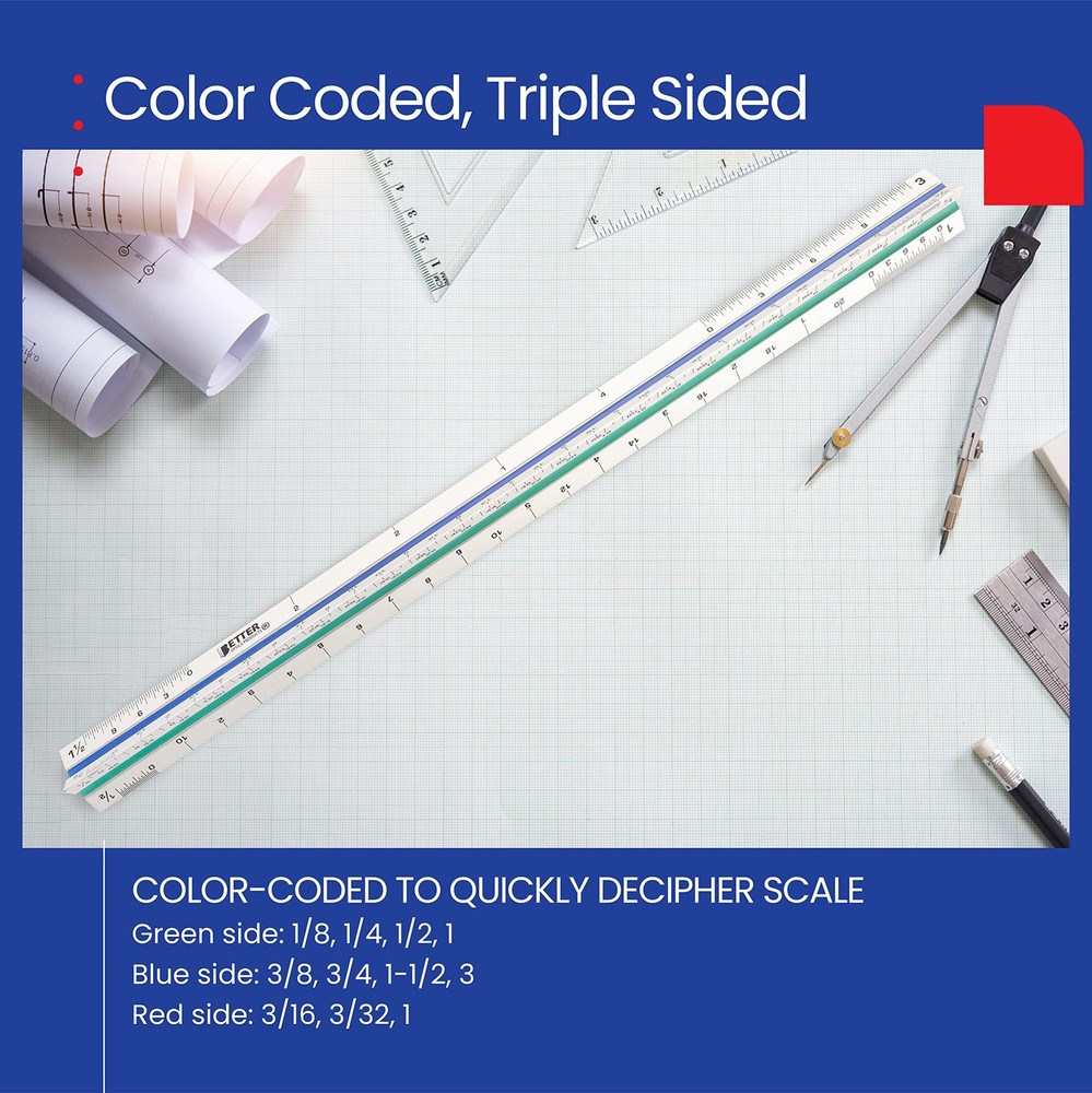 Triangular Ruler, 12 Inch Metal, Triple Sided Color Coded, Imperial Scale, Dr...