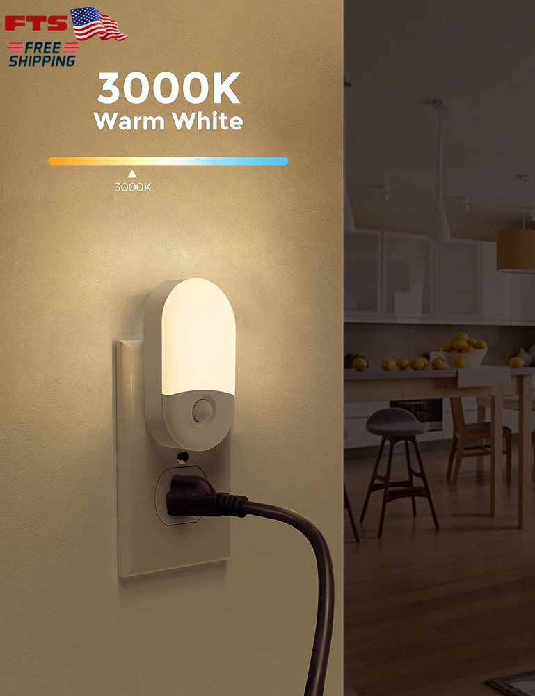 Motion Sensor Night Light Plug In Adjustable Brightness Warm White 2 Pack