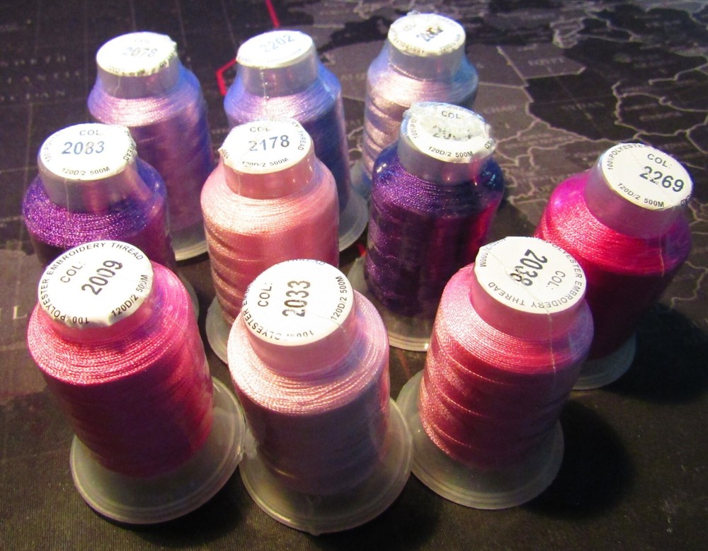 Polyester Machine Embroidery Thread, 10 different purple/pink 500m Spools