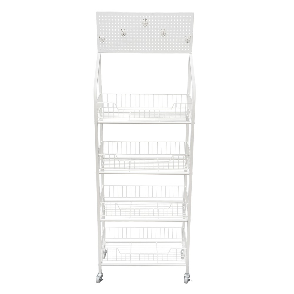 4-Tier White Metal Display Rack with Hooks for Snacks and Essentials
