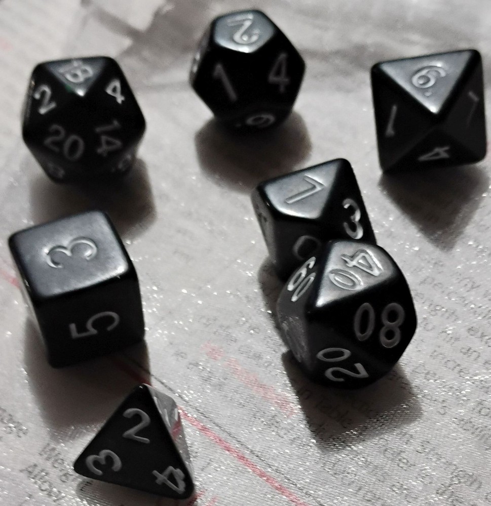 Black Polyhedral Dice Set White Numbers 7pc RPG Dice w Bag