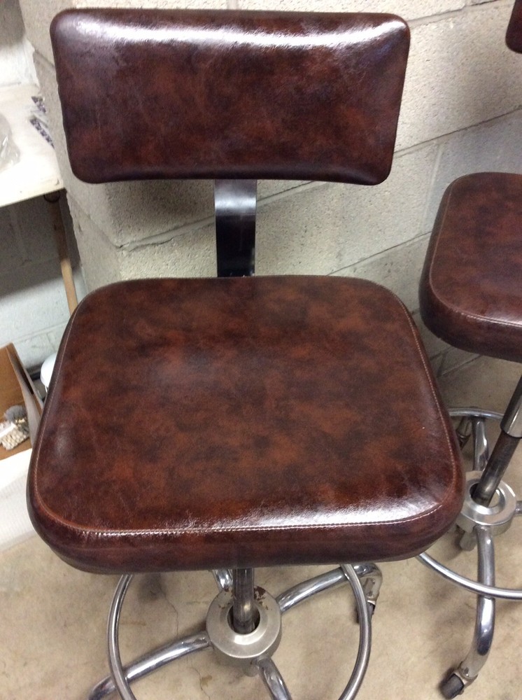 2 Same Vtg Industrial Stools - Adjust 22” To 30” - Backrest Adjust 2 Directions