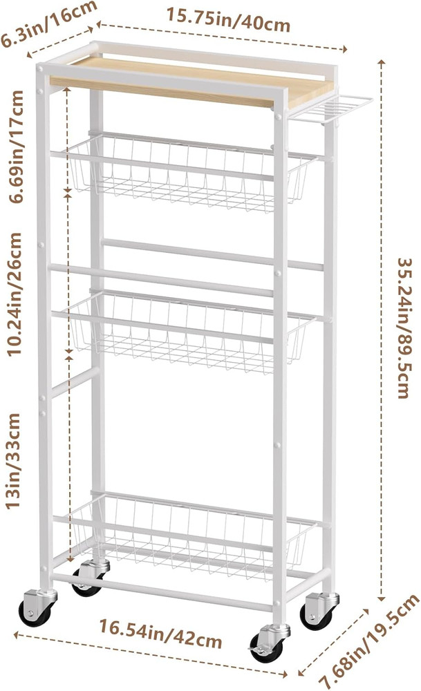 Slim 4-Tier Rolling Storage Cart with Pull-Out Baskets for Kitchen & Laundry