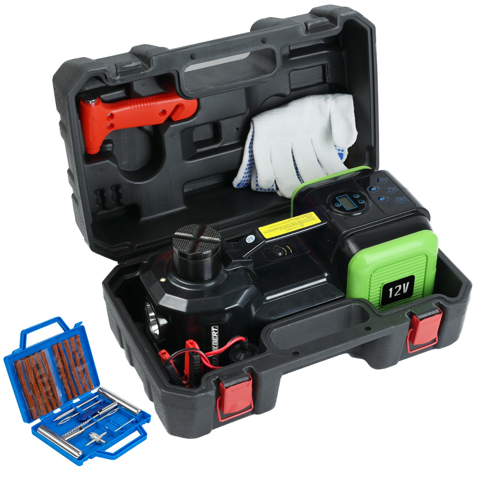 Electric Hydraulic Floor Jack 5 Ton 12V w/ Tire Inflator Air Pump Repair Kit Car