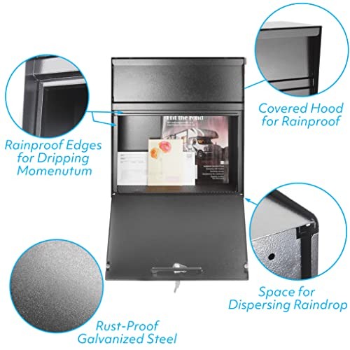 Rainproof Wall Mount Mailbox for Outside - Locking Galvanized Alloy Steel