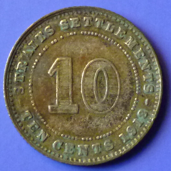 ​Straits Settlements 10 Cents 1918 km 29a Silver