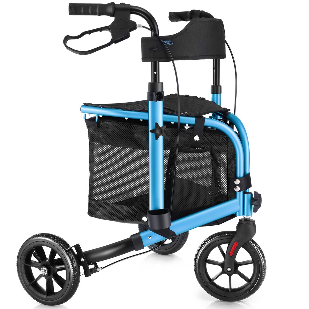 3-Wheel Rolling Walker 260lb Folding Rollator Walker w/ 8in Wheels Seat Backrest