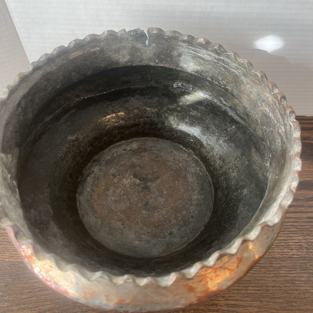 Primitive Antique - Rustic Copper Pot Scalloped Edge 9 1/2”