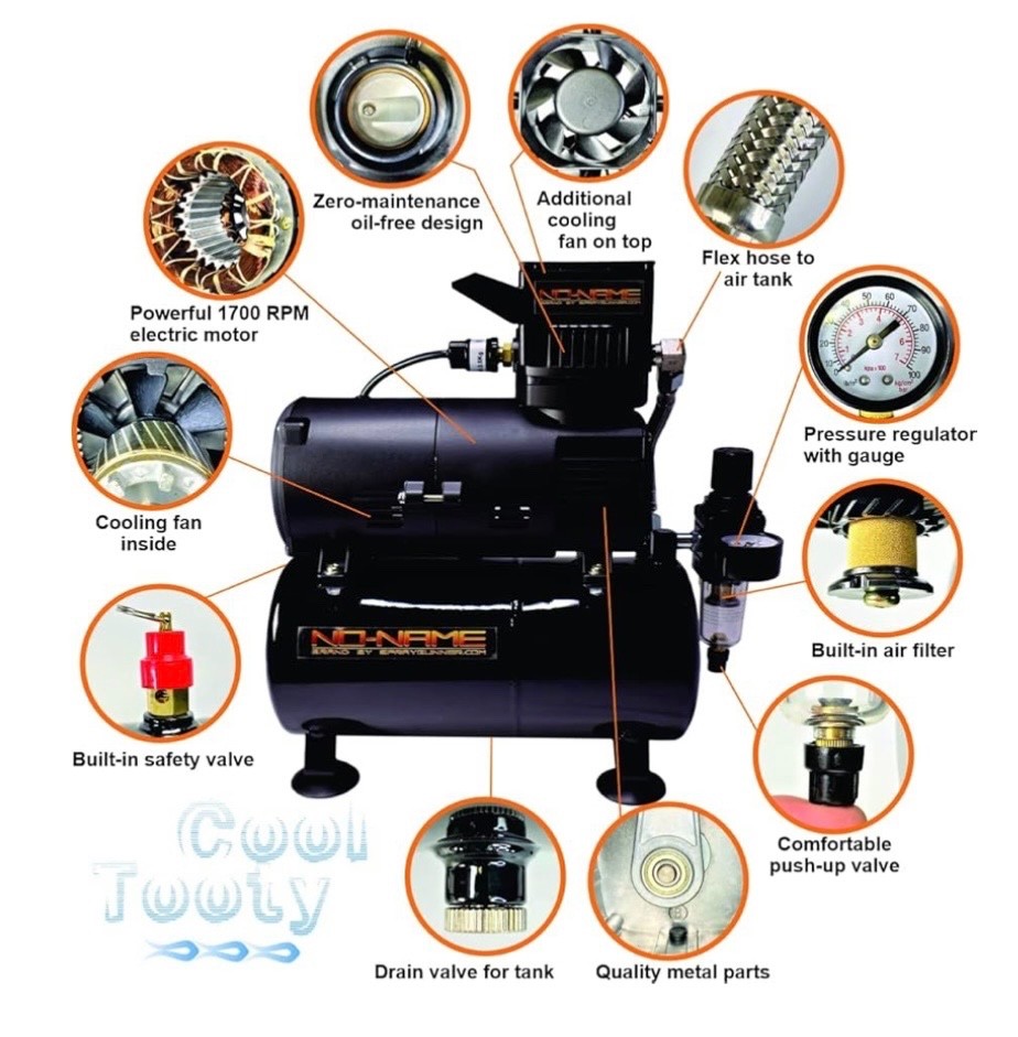 Cool Tooty Quiet Airbrush Compressor by NO-NAME Brand w/ air tank oilless design