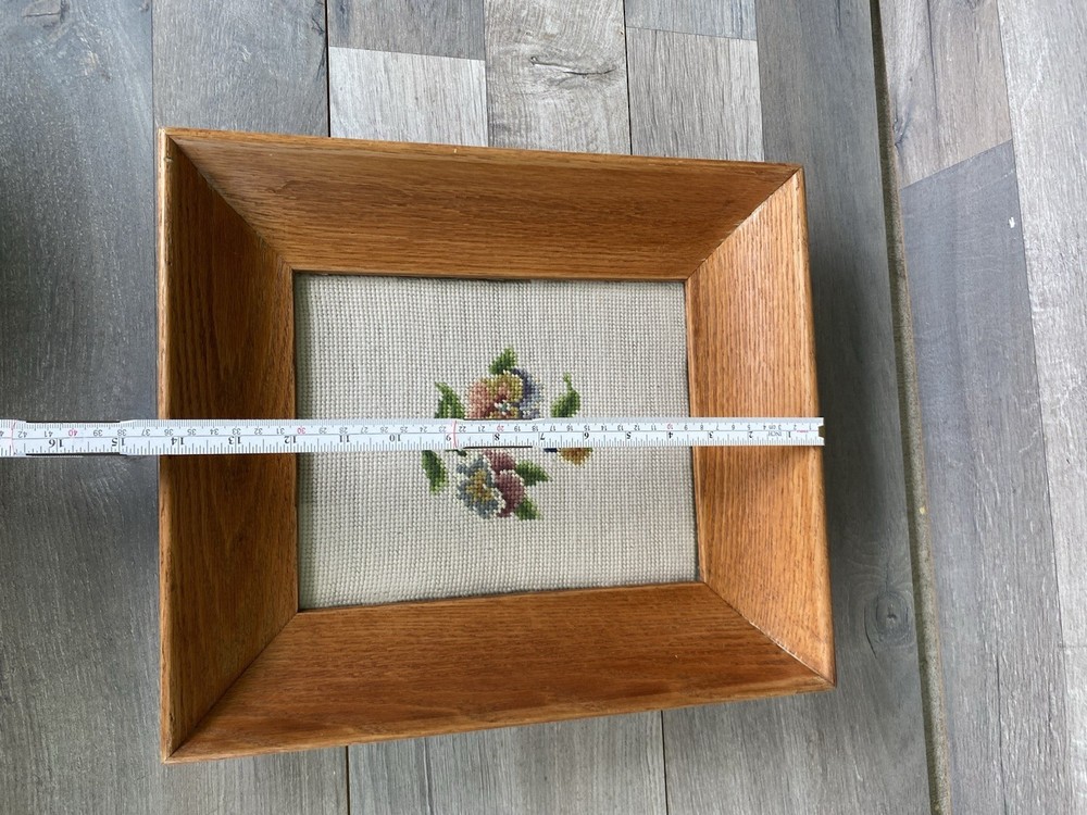 Vintage Needlepoint Canvas Flower Wooden Framed
