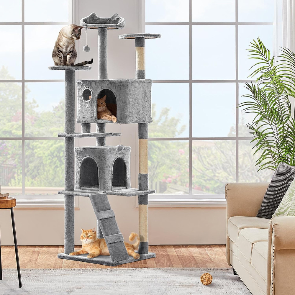 80" Tall Cat Tree with Scratching Posts, Caves, and Platforms - Light Gray