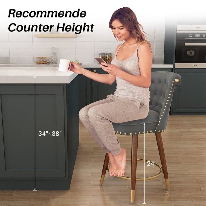 24" Velvet Counter Height Bar Stools Swivel Bar Stools Set of 2 Wood Legs Gray