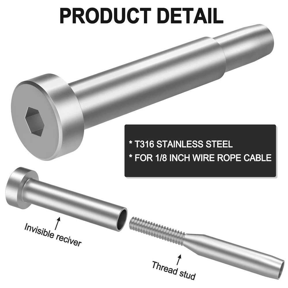 50 Pack 3/16" Invisible Cable Railing Kit Receiver and Swage Stud End Cable