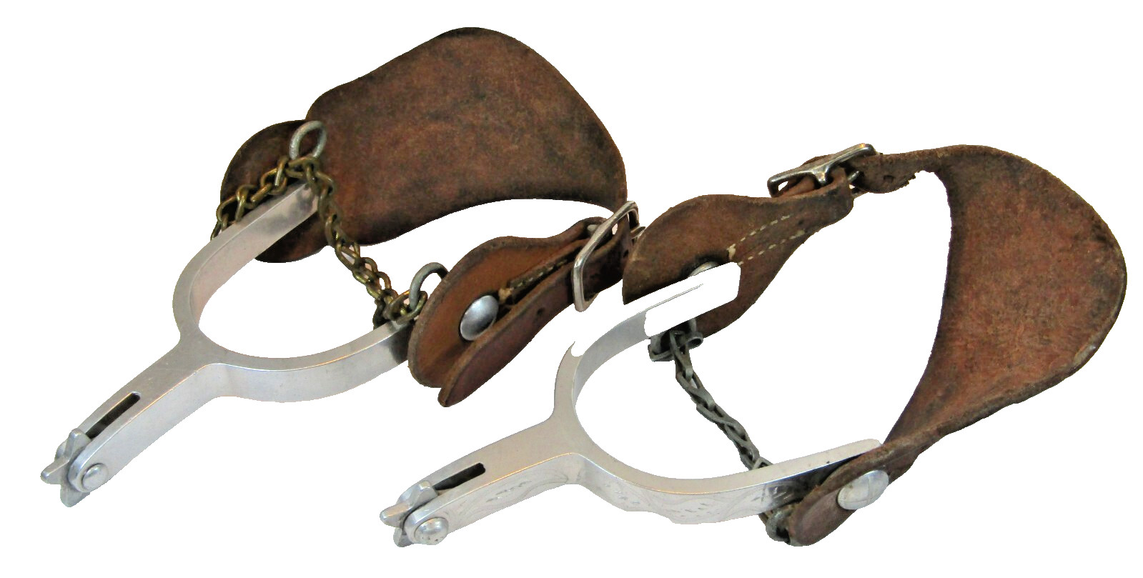 PAIR OF UNMARKED ENGRAVED ALUMINUM AIRPLANE METAL RIDING SPURS W/ STRAPS