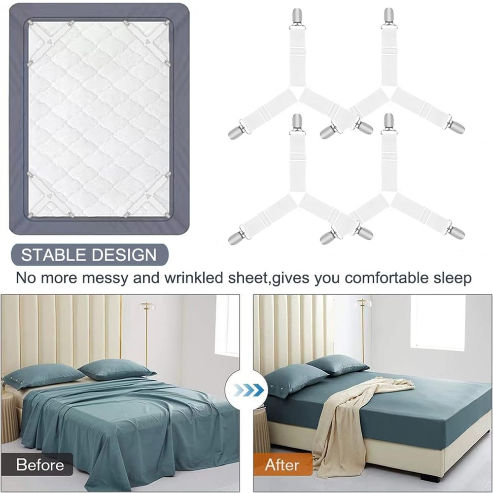 4 Pack Adjustable Bed Sheet Holders Fitted Sheet Straps with Clips for Mattress