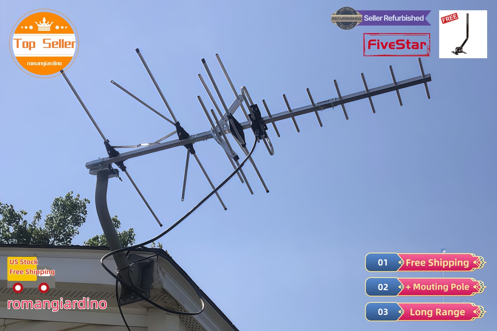 Yagi Outdoor TV Antenna 250 Mile for Strong, Weatherproof VHF UHF FM Pole