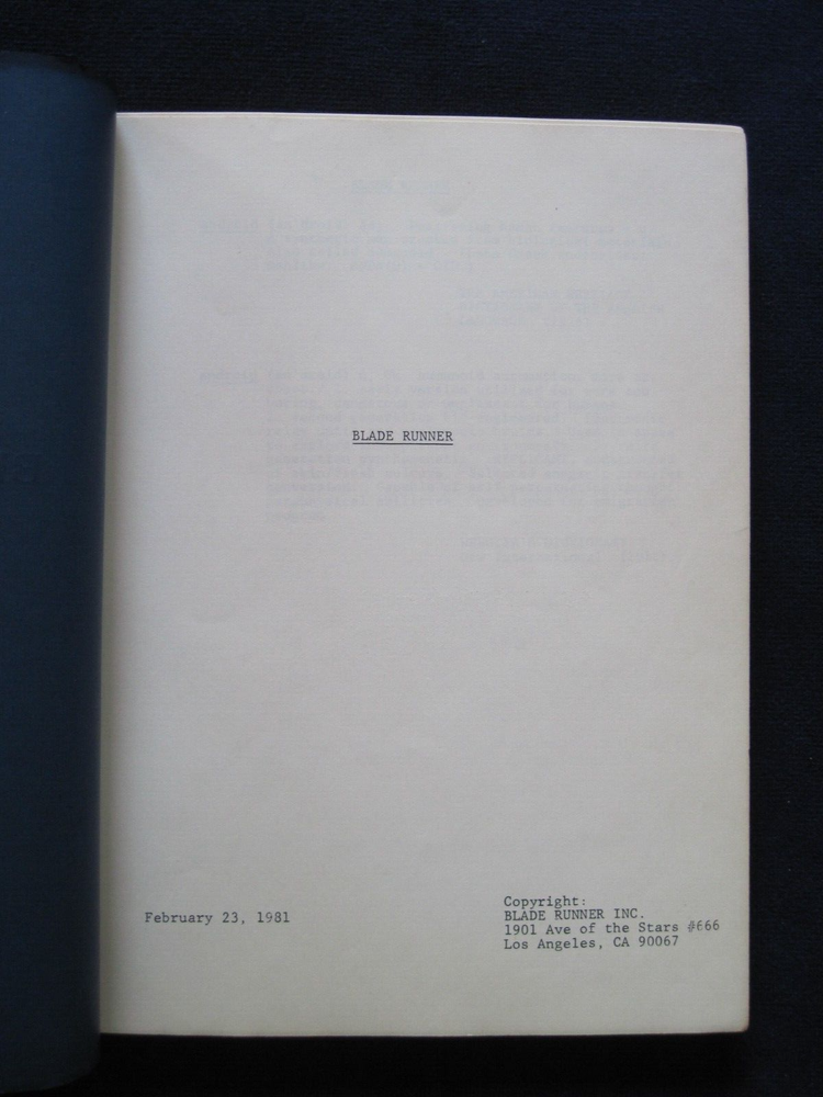 ORIGINAL BLADE RUNNER SCRIPT - BASED ON PHILIP K DICK'S NOVEL, DIR. RIDLEY SCOTT