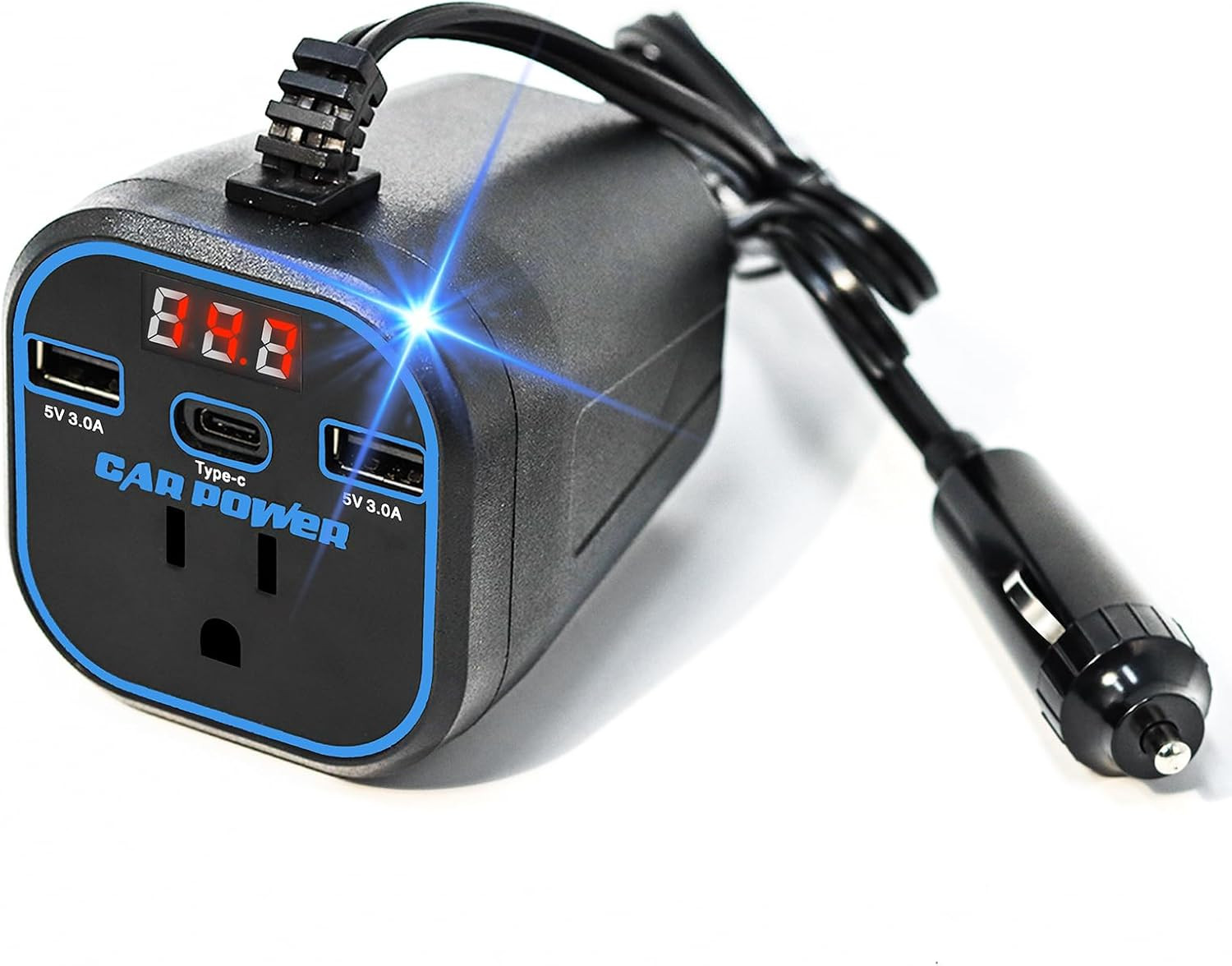200W Car Power Inverter 12V to 110V Outlet Adapter Dual USB Type-C Blue