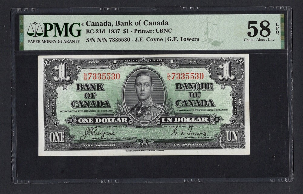 Canada One Dollar 1937 BC-21d About Uncirculated