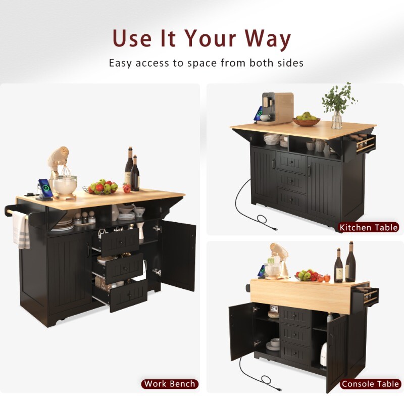 55.7'' Large Kitchen Island with 2 Drop Leaf Rolling Kitchen Cart on 5 Wheels