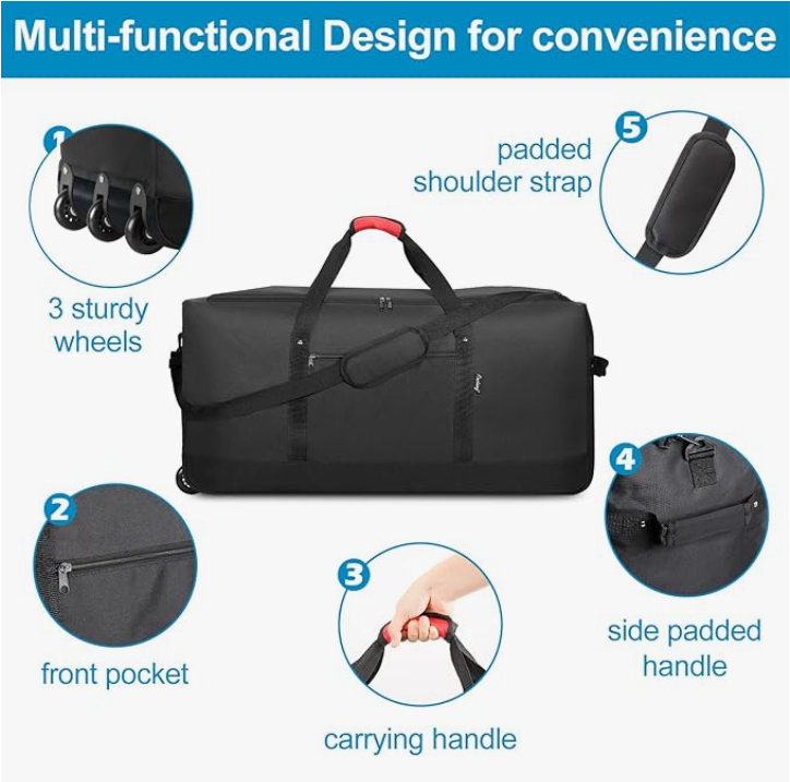 120L Foldable Rolling Duffel Bag with 3 Wheels Light Weight Travel Duffel Bag