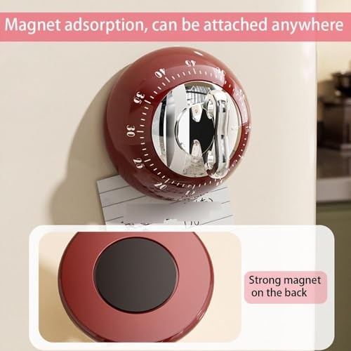 Retro Mechanical Kitchen Timer, Red, 60-Minute Countdown with Magnetic Back,