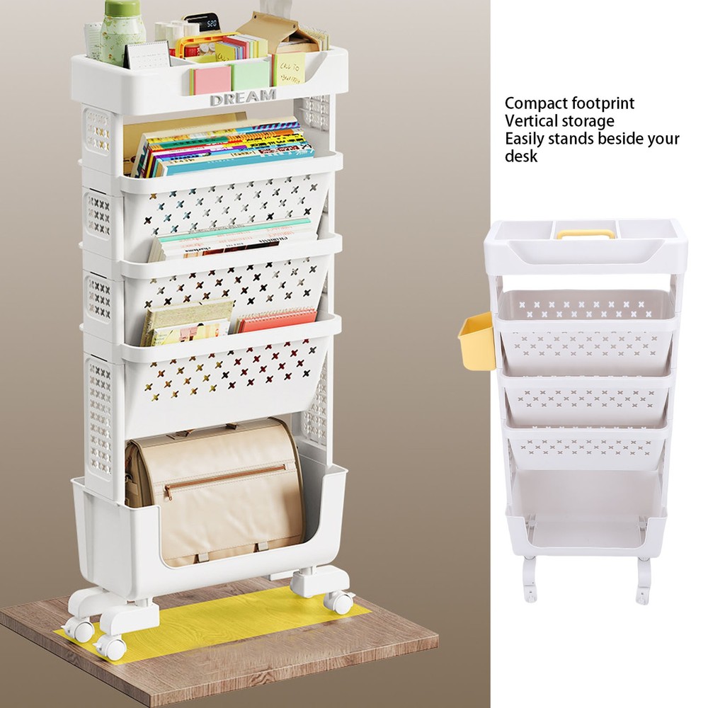 Rolling Book Cart 5 Tier PP Multi-Functional Movable Storage Book Rack Utility