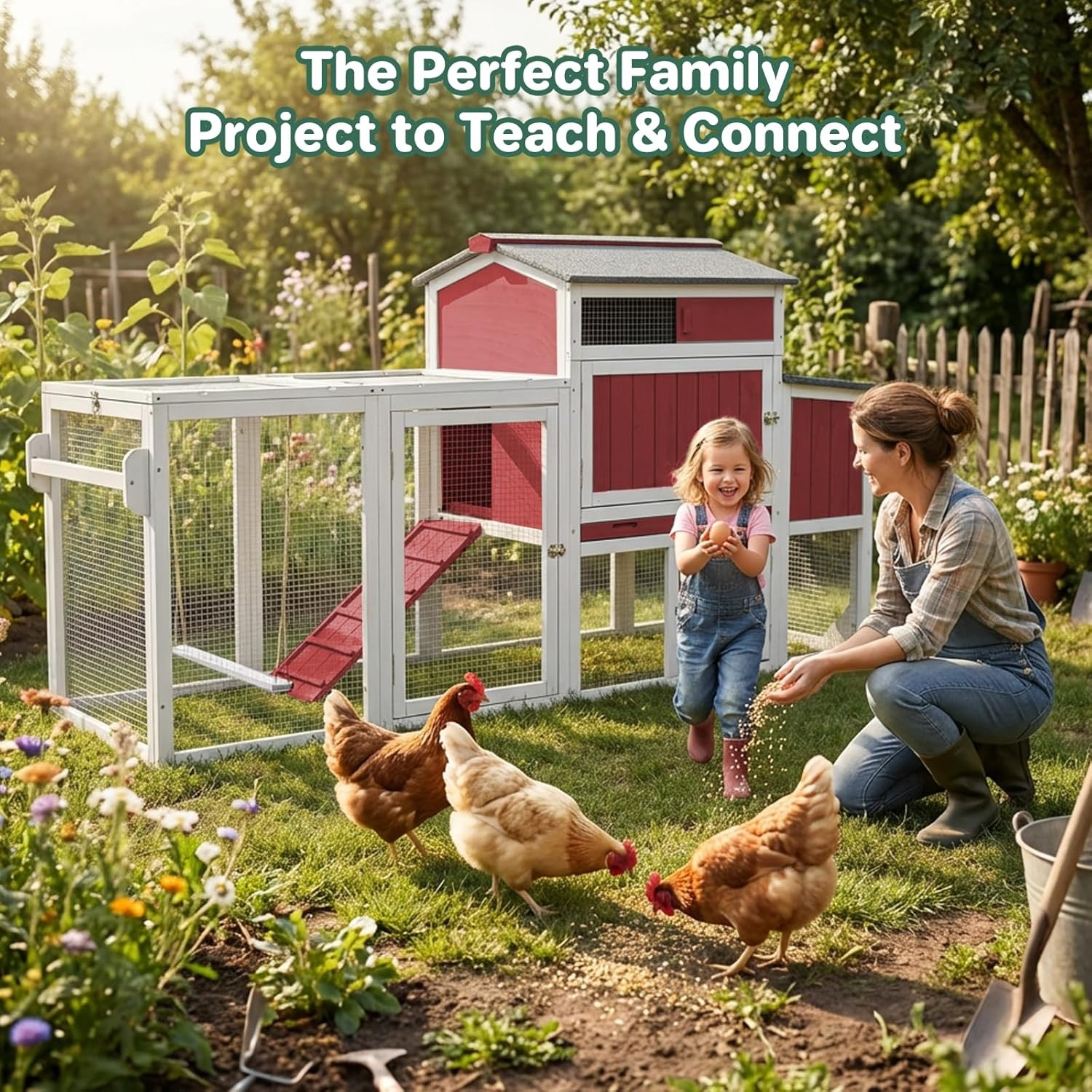 PETSCOSSET Outdoor Chicken Coop, Large Chicken House with Nesting Box, Red