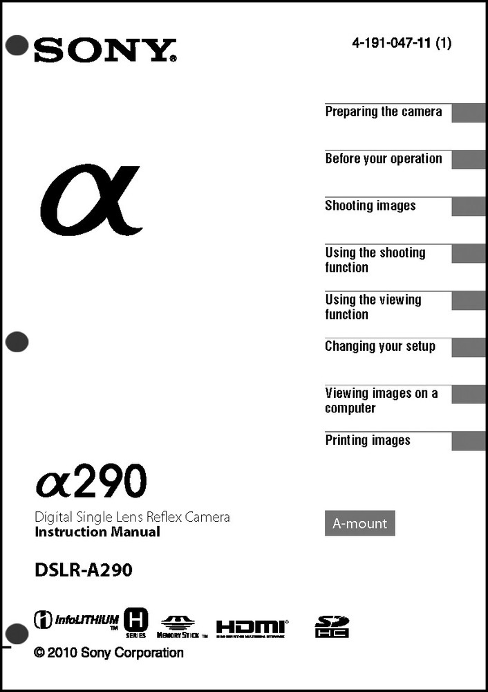 Sony DSLR Alpha A290 Digital Camera User Guide Instruction  Manual