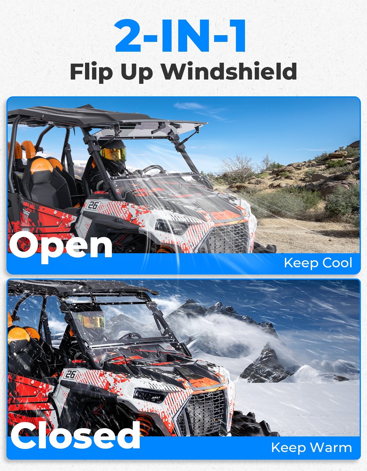 UTV Flip Up Split Front Windshield for 2019-2023 Polaris RZR XP 1000/4 Turbo 4