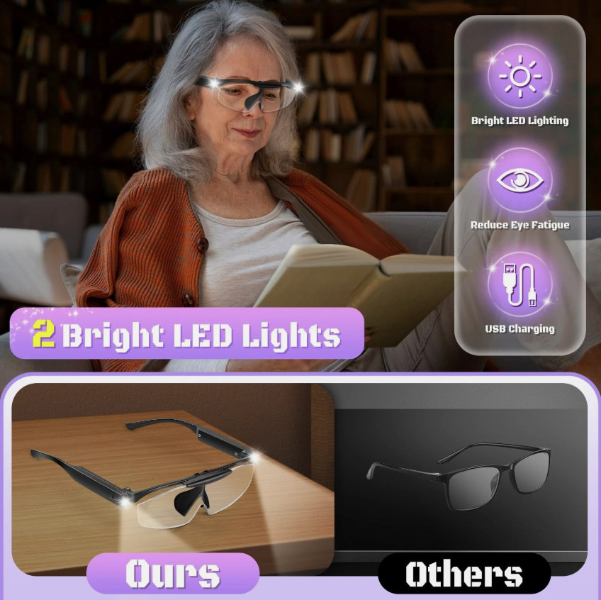 250% Magnifying Glass with Light, Rechargeable Head Magnifier Glasses with Li...