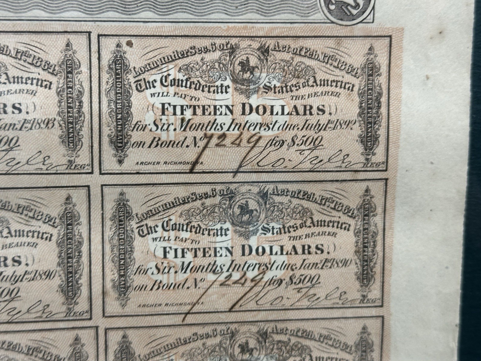 Confederate States of America 1st Series $500 Civil War Loan Bonds, Complete Set