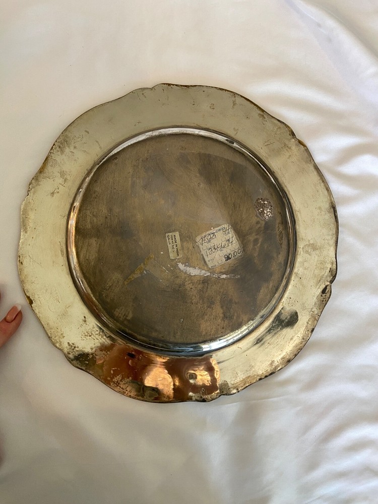 MCM Unique Serving Tray Platter Scalloped Silver Plate + Brass # & Signed