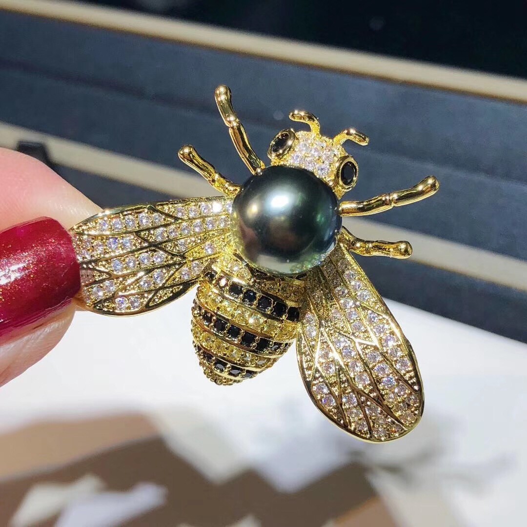 Golden  Bee South Sea Natural Black Pearl Lapel Pin Brooch 925s